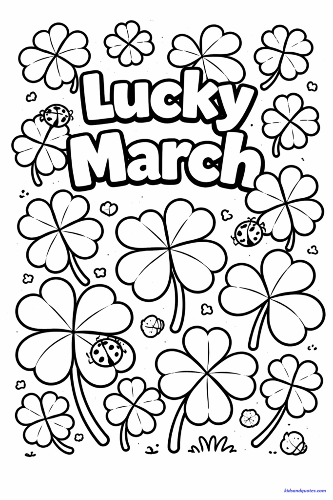 March coloring page: Large simple shamrocks and a few four-leaf clovers mixed in. Big rounded leaves, thick stems, evenly spaced layout. At the top, outlined text reading “Lucky March.” Two small ladybugs resting on clovers.