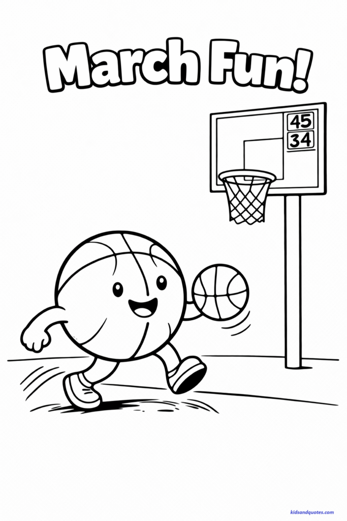March coloring page: A cheerful cartoon basketball character dribbling toward a large hoop and net. Simple court floor line. At the top, bold outlined text reading “March Fun!” A small scoreboard in the corner with simple numbers.