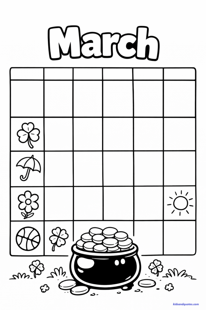 Free March Coloring Page: Large outlined word “March” at the top. Below it, a simple 7-column calendar grid with large blank squares. Inside a few squares, small simple icons like a clover, umbrella, flower, basketball, and sun.