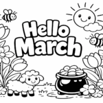 Free Printable March Coloring Pages: Black and white Hello March coloring page featuring large bubble letters surrounded by tulips, flowers, smiling sun, bees, a lamb, and a pot of gold in a spring scene.
