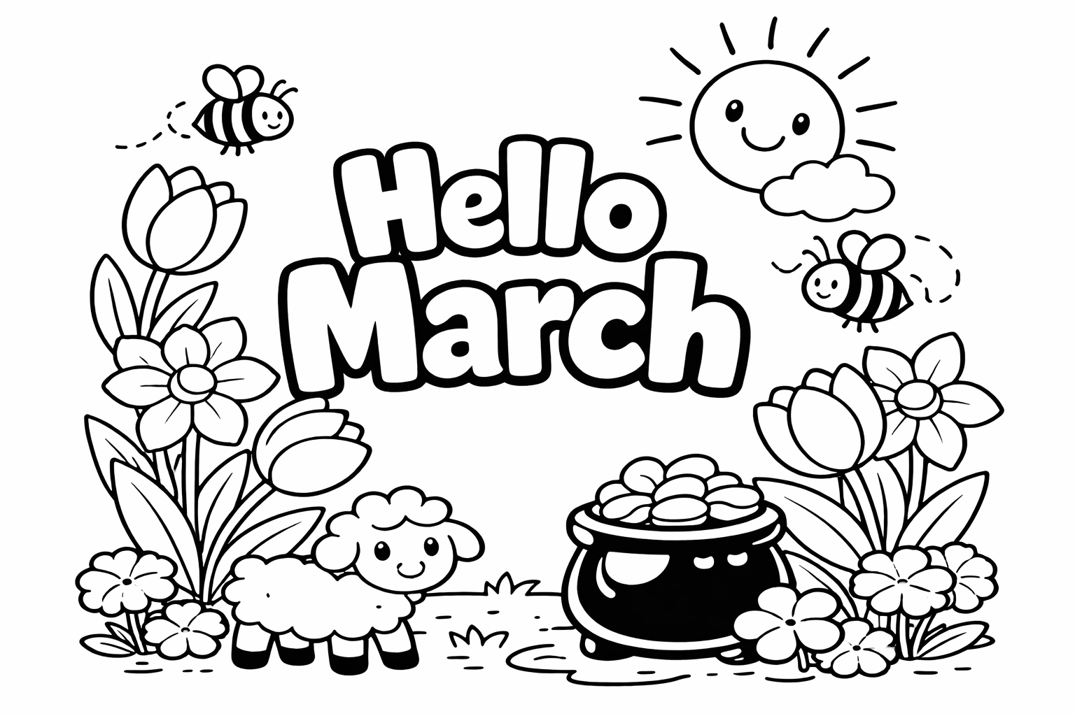 Free Printable March Coloring Pages: Black and white Hello March coloring page featuring large bubble letters surrounded by tulips, flowers, smiling sun, bees, a lamb, and a pot of gold in a spring scene.