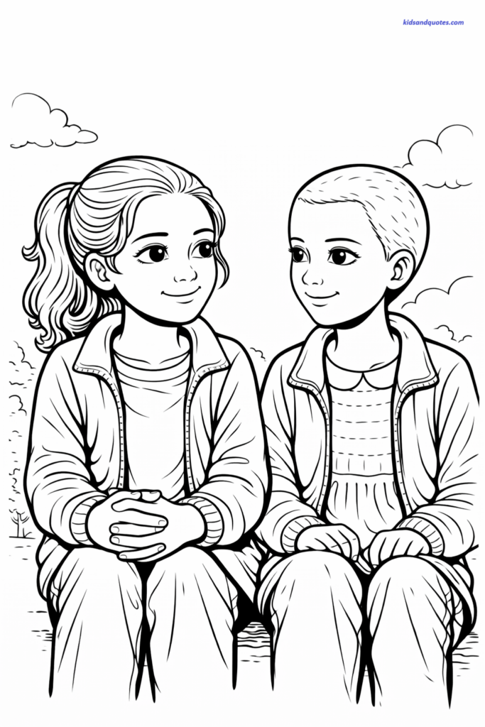 Coloring page of Max and Eleven, the two sitting together smiling.