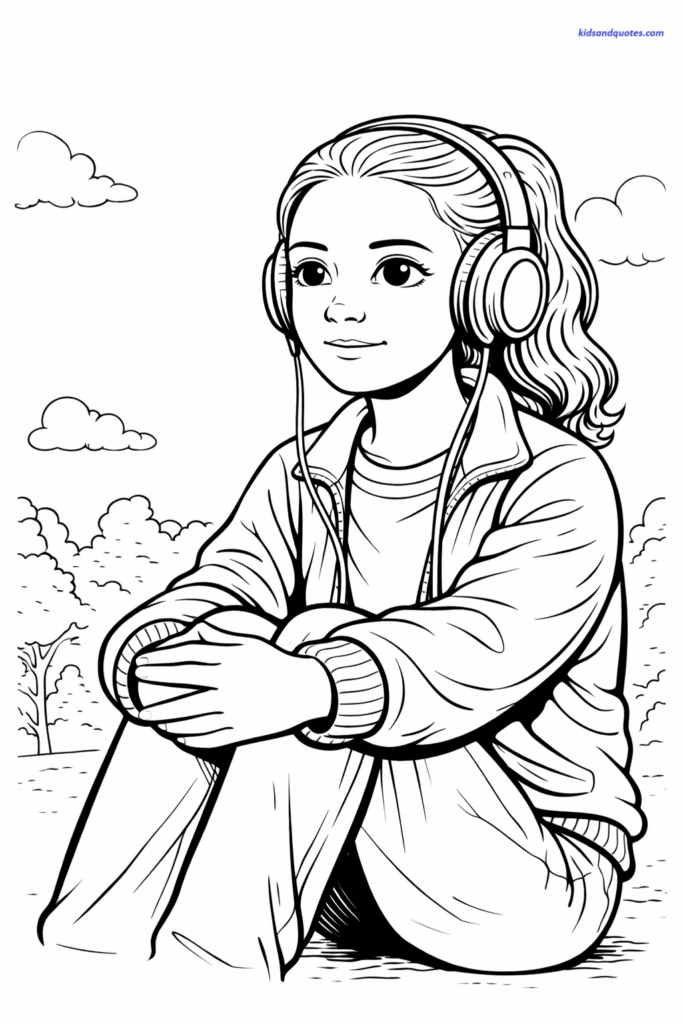 Coloring page of Max sitting casually with headphones, relaxed mood.