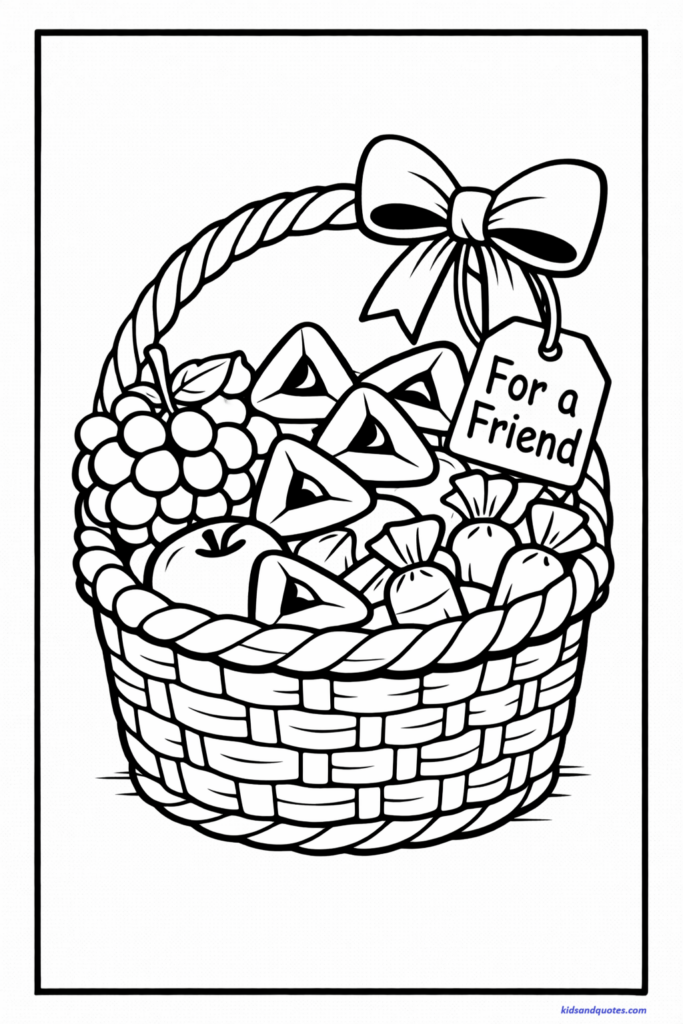 Purim coloring page: Large woven basket filled with hamantaschen, fruit, and wrapped treats. A tag attached to the basket labeled “For a Friend.” Simple decorative ribbon.