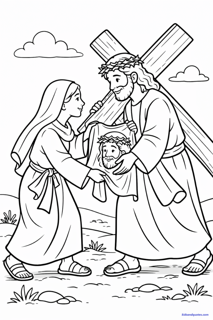 Free printable lent coloring page: Veronica offering cloth. 