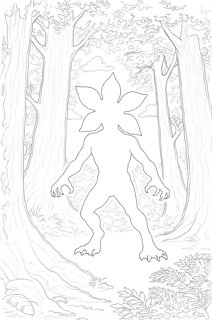 Coloring page of a Demogorgon in the forest with oversized trees.