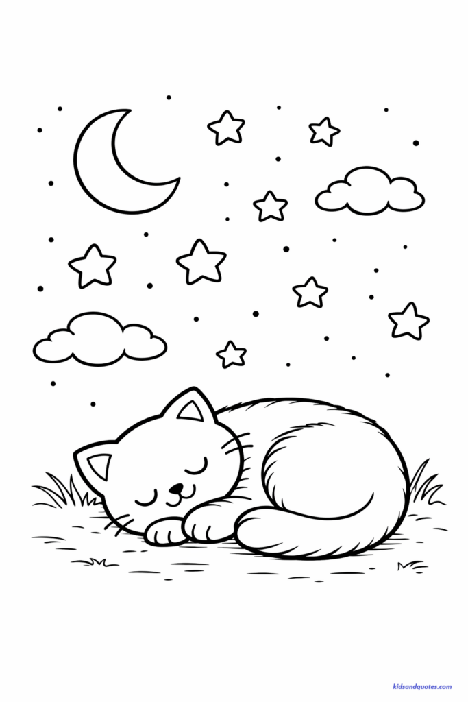 Coloring page of a cat sleeping under a crescent moon and simple stars, calm nighttime scene, medium line detail.