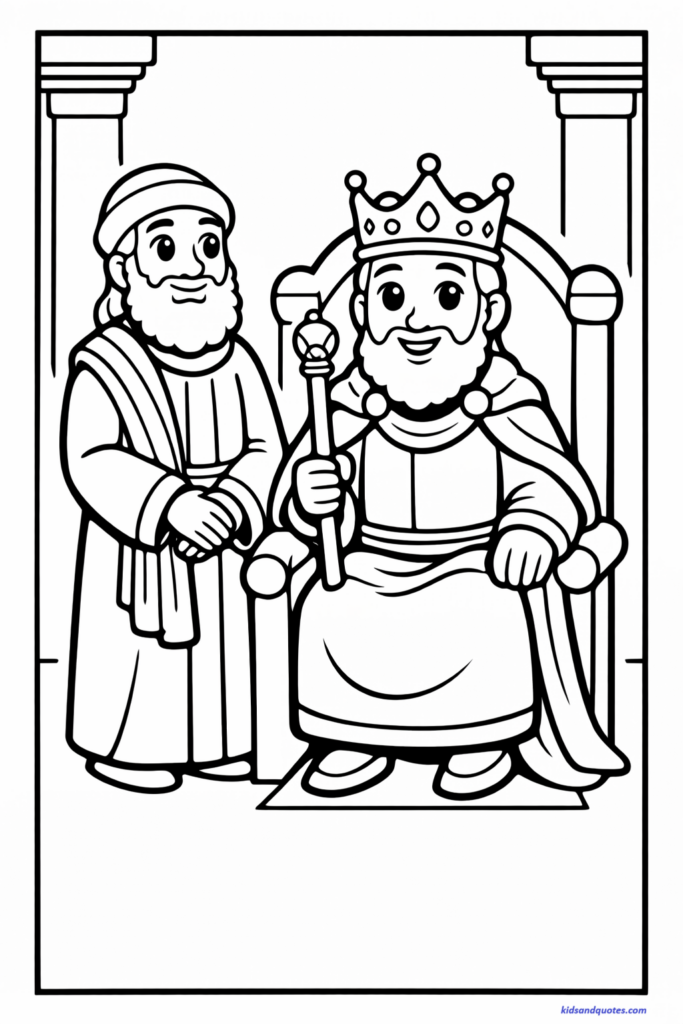 Purim coloring page - King Ahasuerus seated on a throne, smiling, while Mordechai stands respectfully beside him.