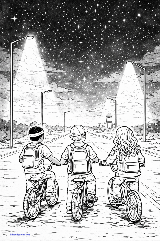 Coloring page of road scene with bikes and trees, large open sky.