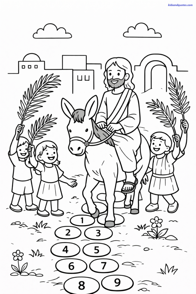 Free lent coloring page: Children waving palm branches. Jesus riding donkey.