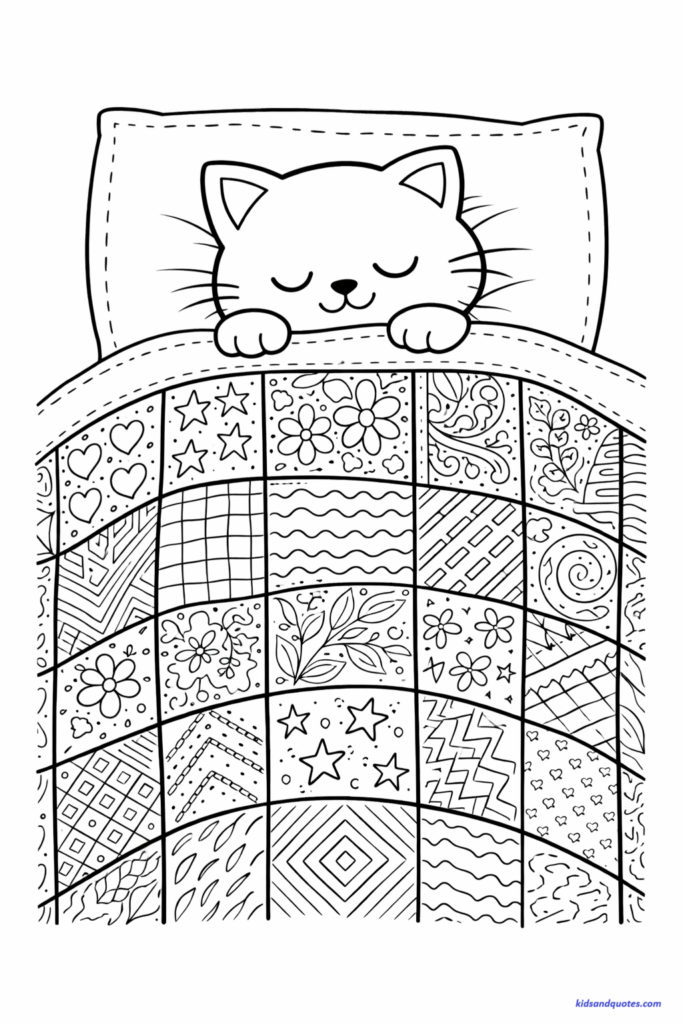 Coloring page of a cat sleeping under a quilt with repeating geometric patterns, intricate blanket design, clear bold outlines.