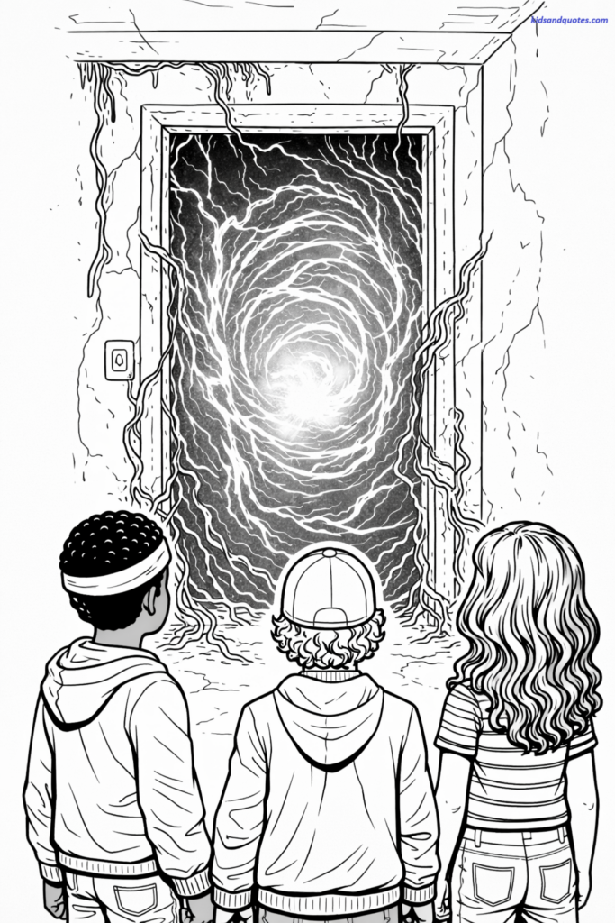 Coloring page of portal doorway with swirling lines, no horror detail.