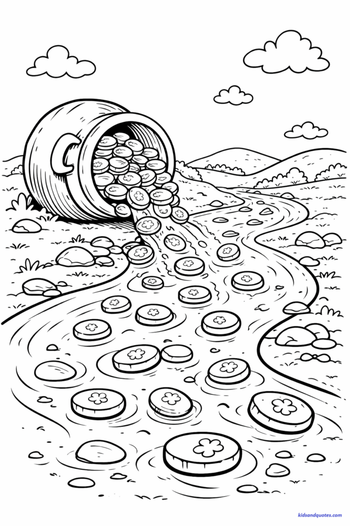 Coloring page: A pot of gold tipped sideways spilling coins into a winding river, coins floating downstream, grassy hills around.

