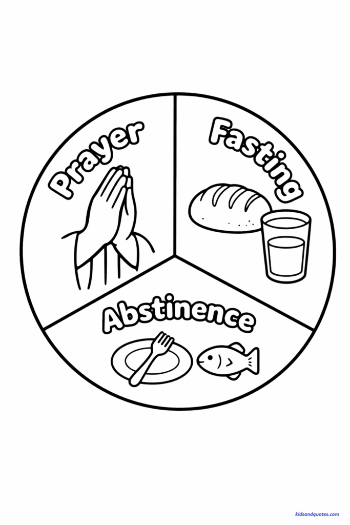 Free lent coloring page: Folded hands, bread and water, empty plate or fish symbol.