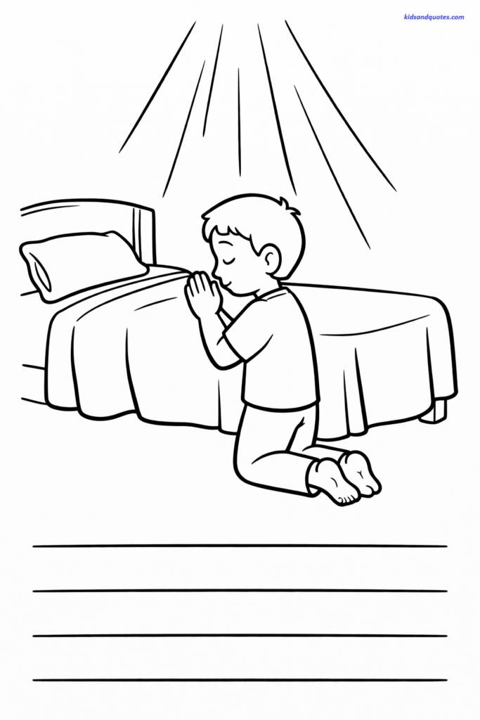 Lent coloring page: Child kneeling beside bed. Rays of light shining down softly.