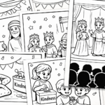 Free Purim Coloring Pages: A collage of Purim coloring pages, including Queen Esther, Mordechai, hamantaschen, a Purim spiel stage scene, and children giving charity, arranged as printable sheets overlapping on a table.