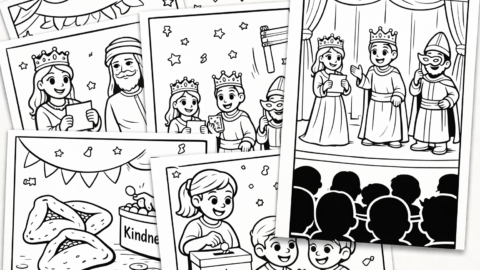 Free Purim Coloring Pages: A collage of Purim coloring pages, including Queen Esther, Mordechai, hamantaschen, a Purim spiel stage scene, and children giving charity, arranged as printable sheets overlapping on a table.