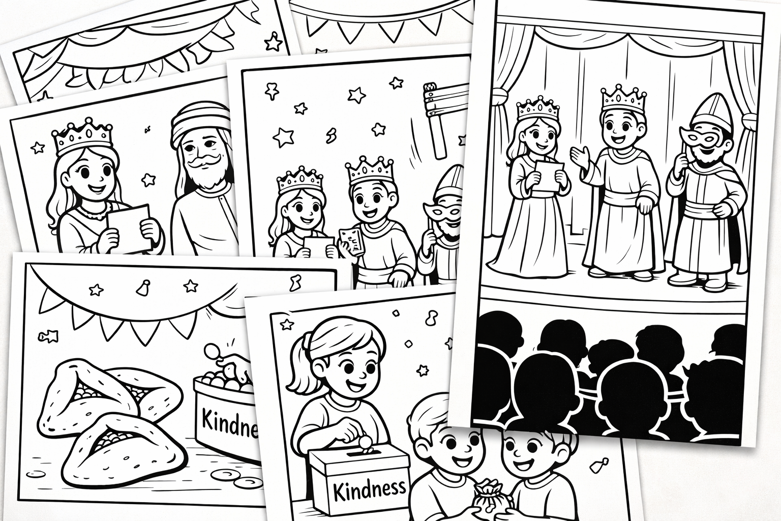 Free Purim Coloring Pages: A collage of Purim coloring pages, including Queen Esther, Mordechai, hamantaschen, a Purim spiel stage scene, and children giving charity, arranged as printable sheets overlapping on a table.