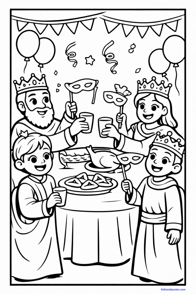 Purim coloring page: Joyful family seated around a table celebrating the Purim feast (seudah). Plates with hamantaschen visible. Children wearing simple costumes and holding masks. Everyone smiling and laughing.