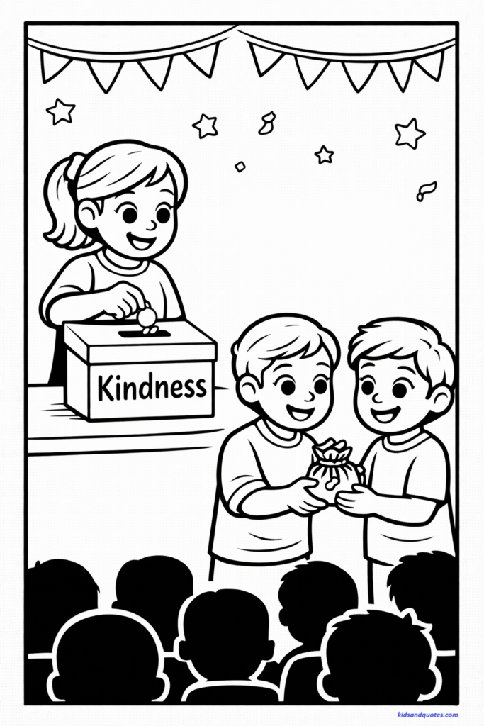 Free printable purim coloring page: Heartwarming scene showing children practicing kindness during Purim. One child placing coins into a simple charity box labeled “Kindness.” Another child handing a small coin purse to a friend. Smiling, gentle expressions.