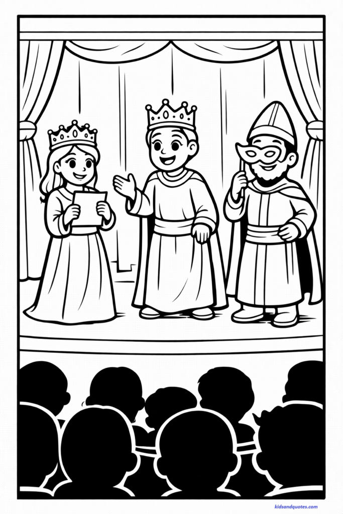 Purim coloring page: children performing a Purim spiel. Kids dressed in simple costumes as Purim characters, standing on a small stage with a curtain backdrop. One child holding a script, another wearing a crown, another wearing a mask. Audience silhouettes of classmates visible in front rows.