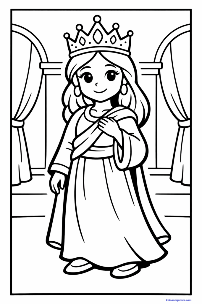 Free purim coloring page: A gentle, smiling Queen Esther standing inside Shushan palace, wearing a large royal crown and flowing gown. Simple palace arches in the background.