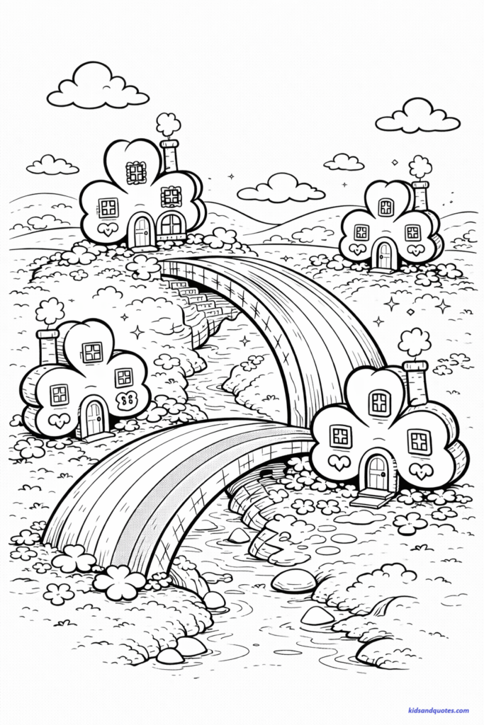 Free coloring page to print: Rainbow bridge connecting tiny clover houses, whimsical village scene.