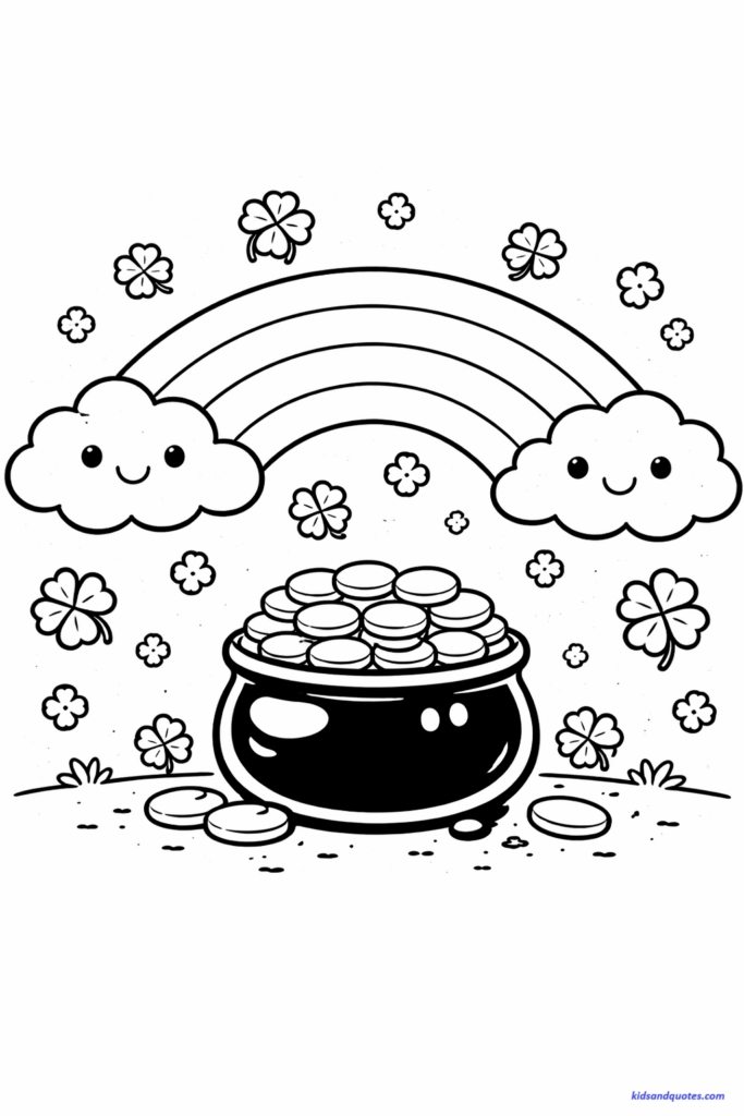 March coloring page: A wide rainbow with thick separated stripes stretching across the page. Puffy clouds on both ends with smiling faces. At the bottom center, a pot filled with large gold coins. Small shamrocks scattered in the sky.