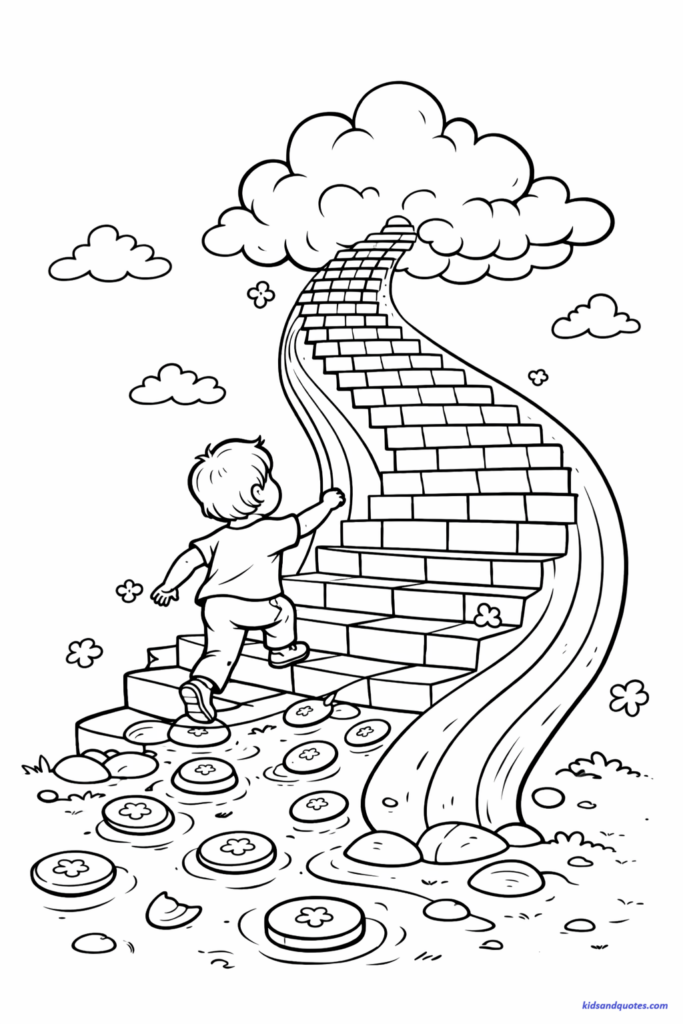 St Patrick's Day coloring page: A rainbow turning into giant stairs leading up to a fluffy cloud, small child figure climbing happily.