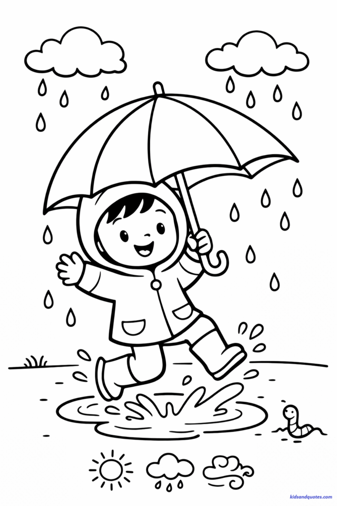 March coloring page: A child wearing rain boots holding a large umbrella with simple wide panels. Big raindrops falling from clouds. The child jumping into a puddle with splash lines.