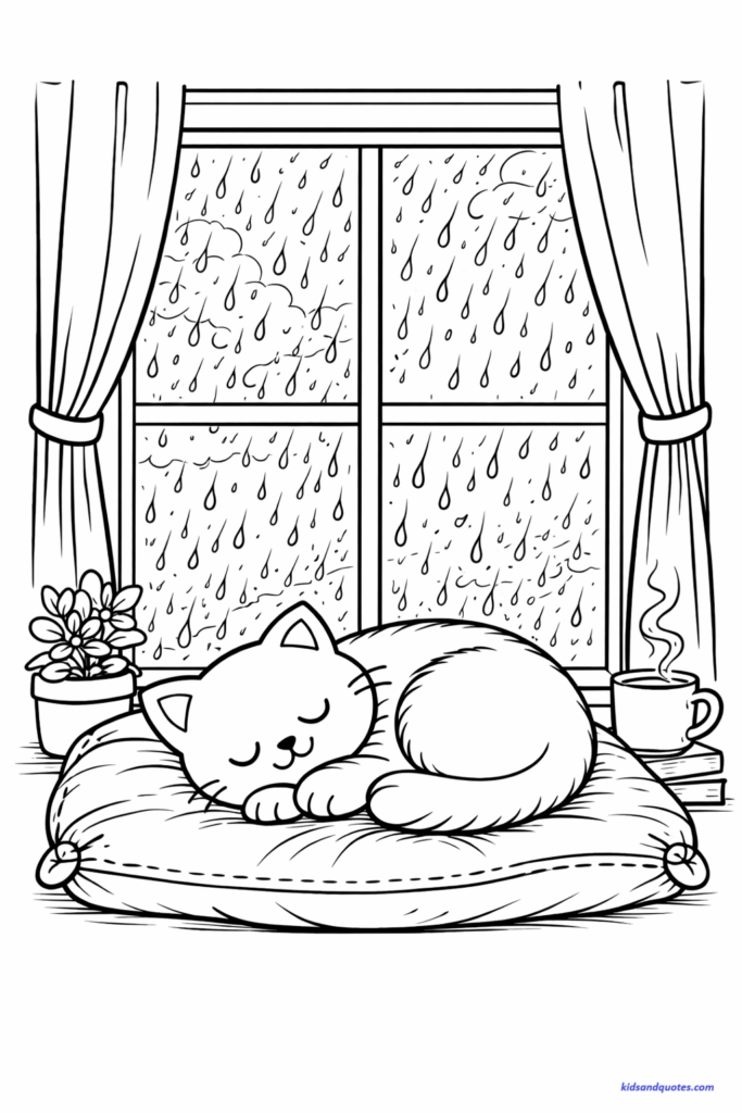 Free Coloring Page: Cat curled on a cushion by a large window with detailed raindrops and curtains, cozy indoor setting, moderate-to-detailed background line art.