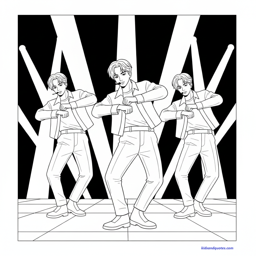Free Kpop Demon Hunters Coloring Page: Coloring page of three male K-pop performers in a synchronized dance pose.