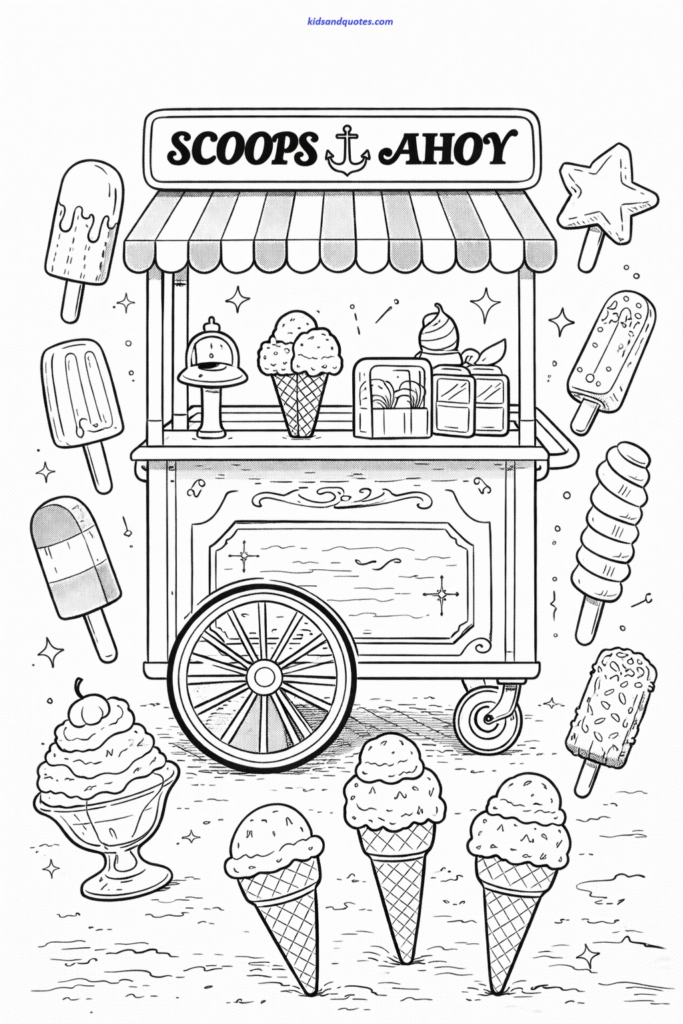 Coloring page of Scoops Ahoy cart surrounded by treats.