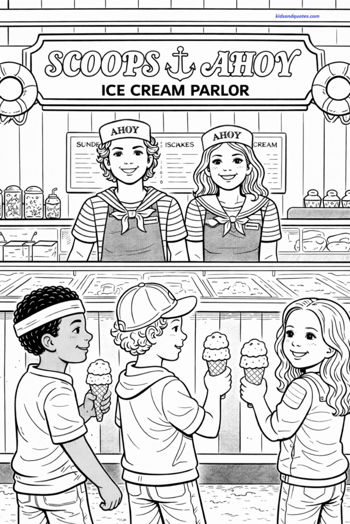 Counter scene with ice cream cones and smiling characters.