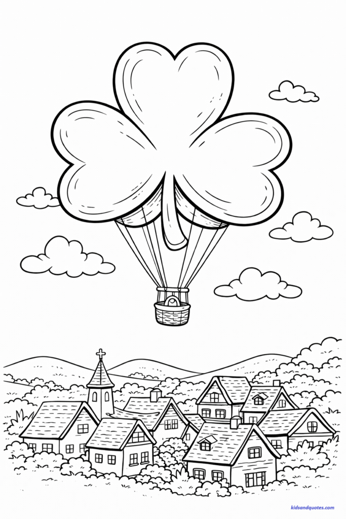 Coloring Page: A giant shamrock-shaped balloon floating over a small village, rooftops below, clouds above.