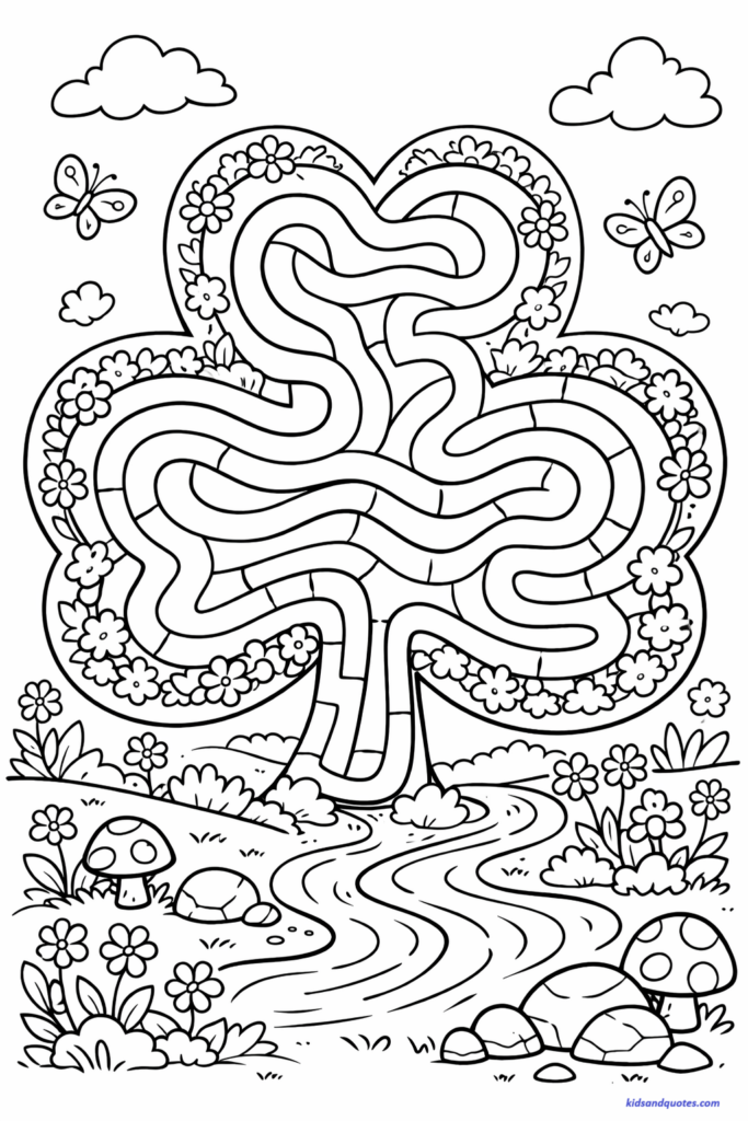 Free St Patrick's Day coloring page: A garden maze shaped like giant shamrocks, winding path kids can trace, flowers along the edges, simple bushes and stones, playful garden scene.