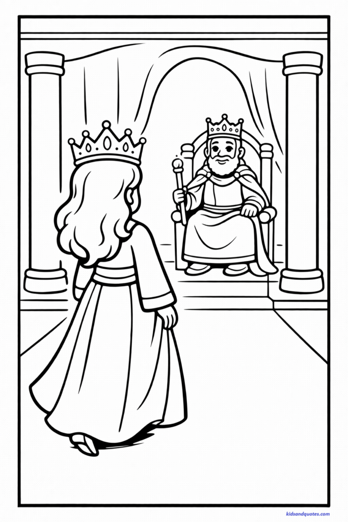 Purim coloring page: Grand Shushan palace entrance with tall simple pillars. Queen Esther walking confidently toward King Achashverosh seated inside.