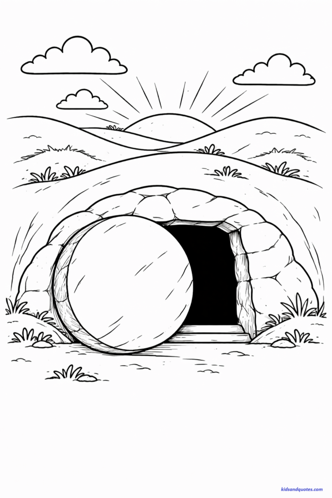Lent coloring page: Sealed tomb with large stone. Quiet background.