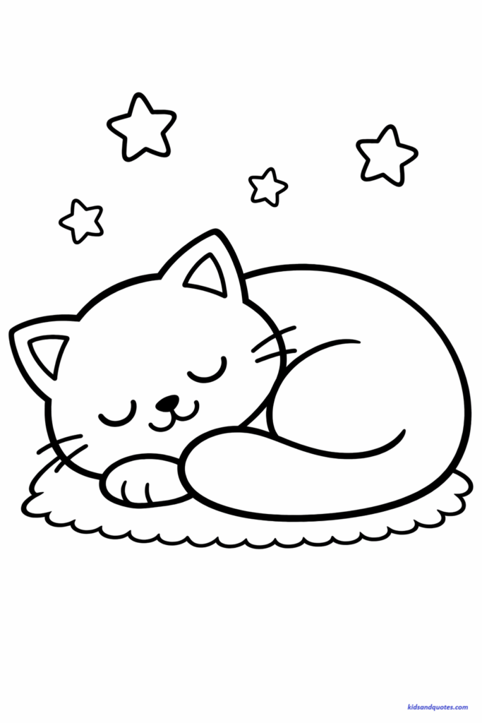 Coloring page of a big round kitten sleeping peacefully with 3–4 simple star shapes floating above, thick clean outlines, minimal background.