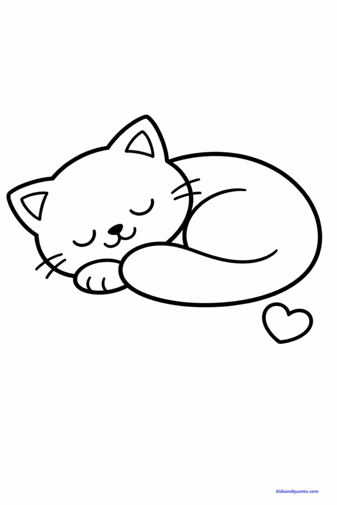 A kitten curled up with a small heart shape near it, minimalistic design, thick outlines, no detailed background.
