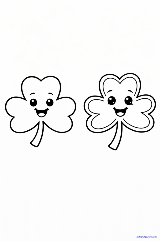 St Patrick's Day free coloring page: Big smiling shamrock characters with simple cartoon faces.