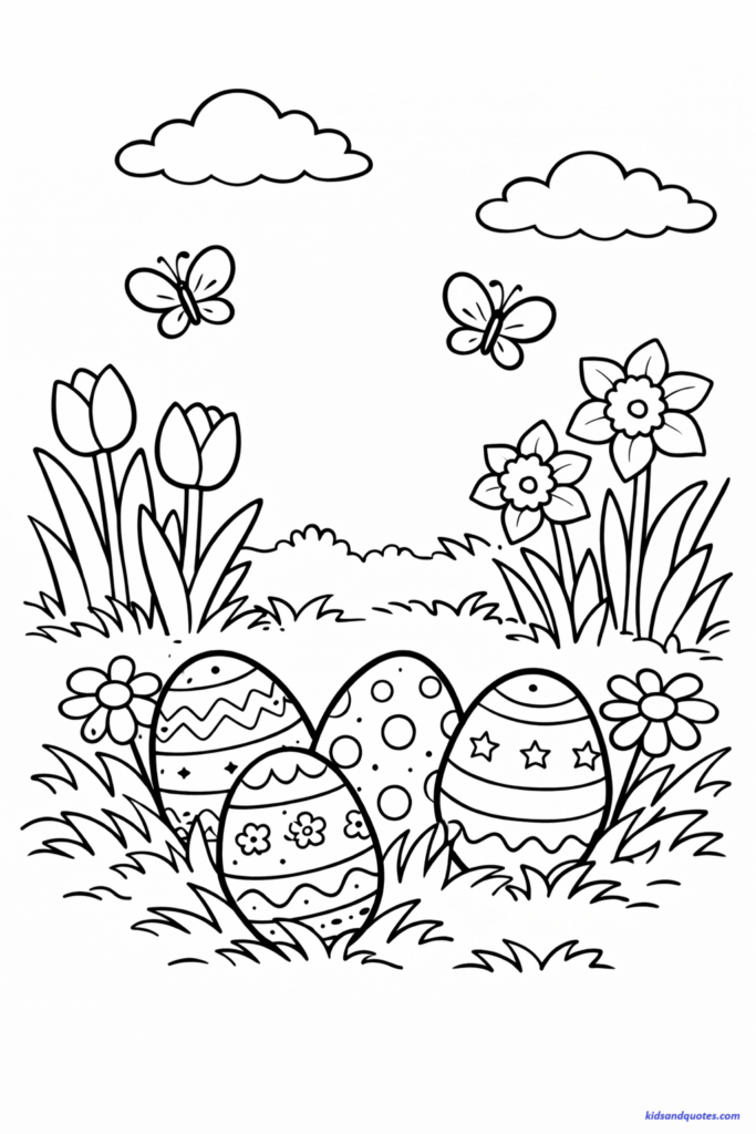 Easter coloring page: A peaceful spring meadow with tulips and daffodils blooming. Decorated Easter eggs are nestled in the grass, and butterflies float above.