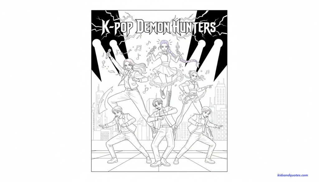 Kpop Demon Hunters Coloring Page: A lively K-Pop Demon Hunters performance scene with idol heroes singing and dancing under bright stage lights. The characters strike energetic poses above a city skyline, surrounded by musical notes and dramatic effects.