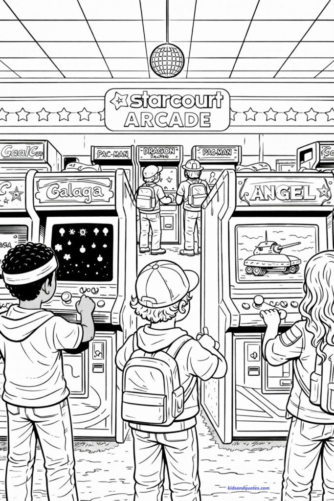 Coloring page of simple arcade machines and neon shapes.