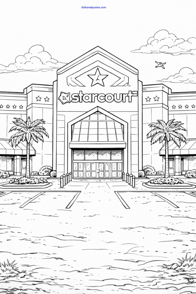 Coloring page of retro mall building with bold geometric shapes.