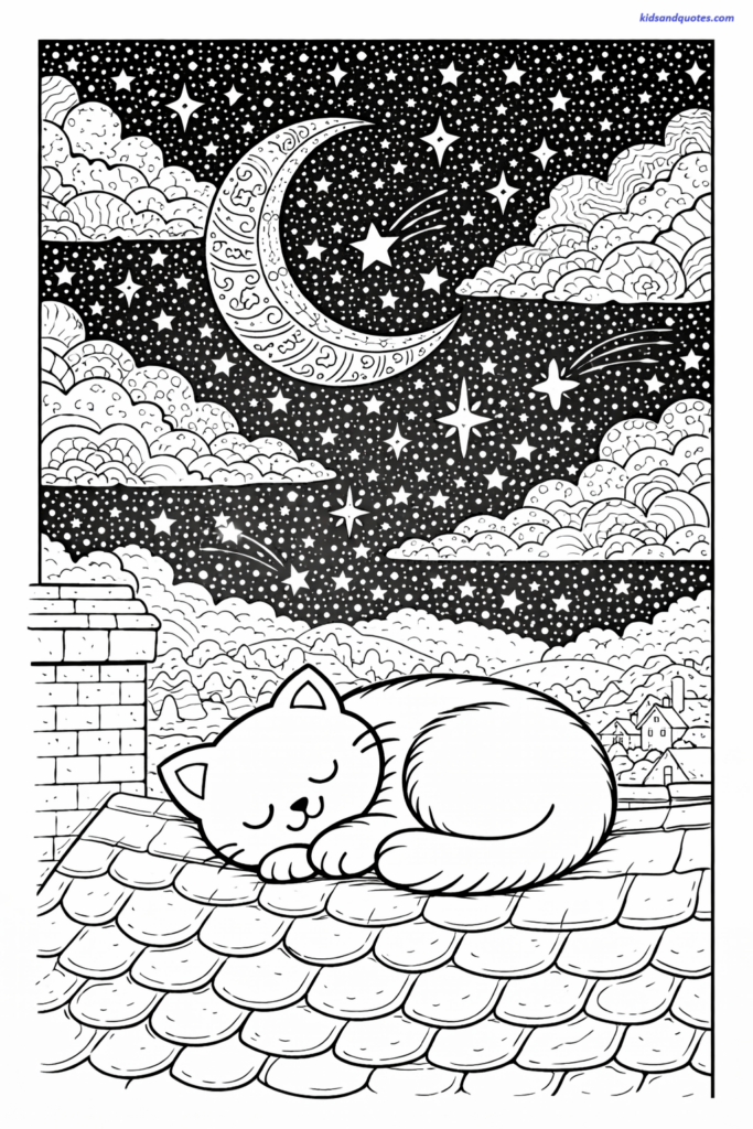 Sleeping cat on rooftop under a detailed starry night sky, crescent moon and patterned clouds, intricate line art.