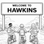 27 Free Stranger Things Coloring Pages: Coloring page of three kids riding bikes under a “Welcome to Hawkins” town sign, with a road stretching ahead and a small water tower in the distance.