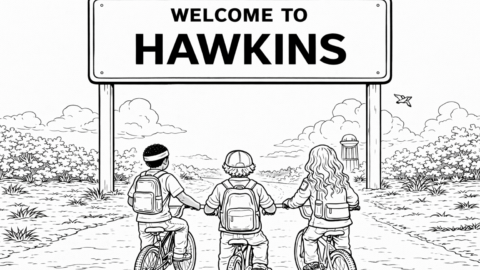 27 Free Stranger Things Coloring Pages: Coloring page of three kids riding bikes under a “Welcome to Hawkins” town sign, with a road stretching ahead and a small water tower in the distance.