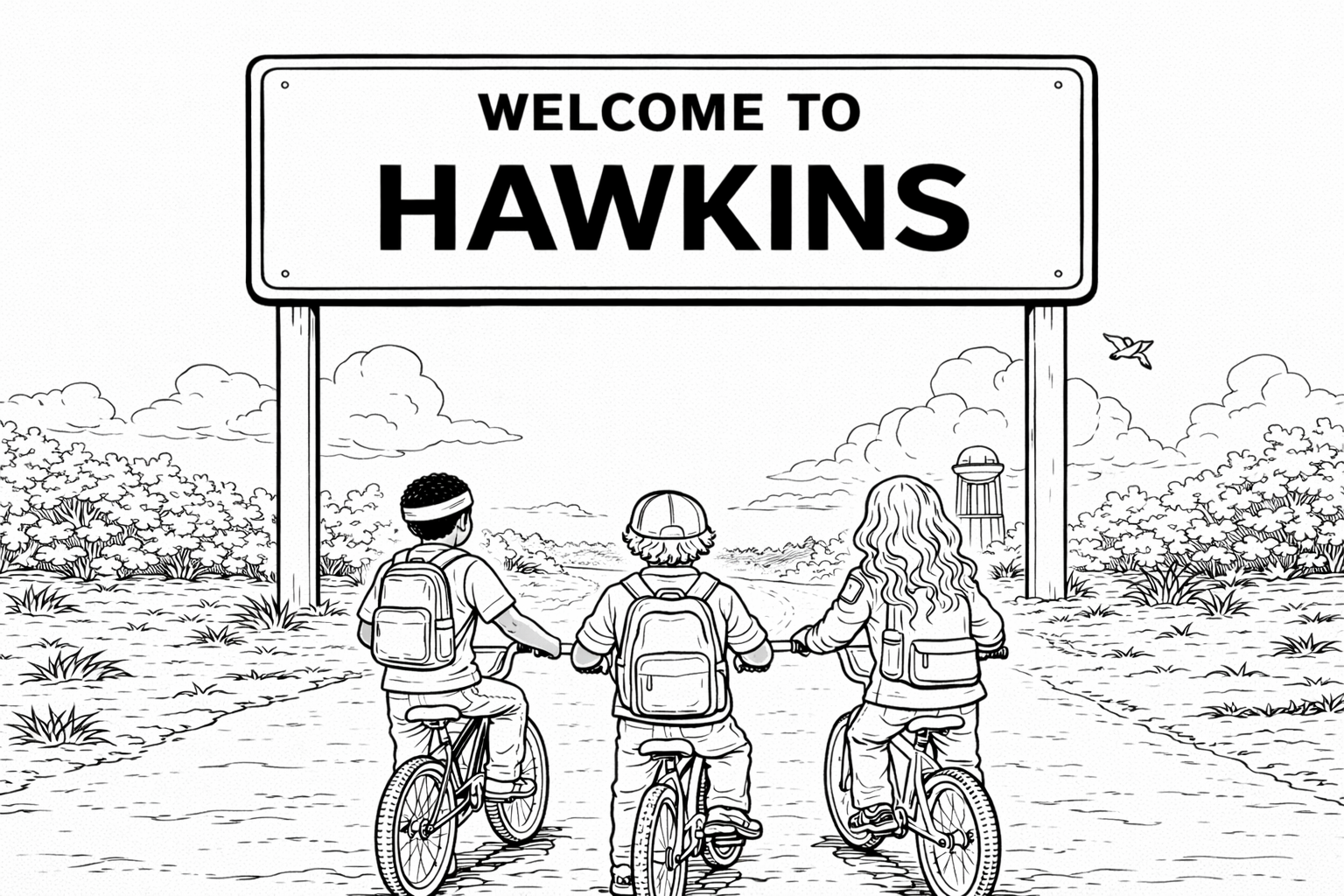 27 Free Stranger Things Coloring Pages: Coloring page of three kids riding bikes under a “Welcome to Hawkins” town sign, with a road stretching ahead and a small water tower in the distance.