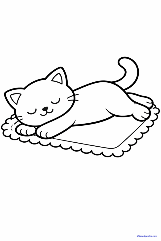 Coloring page of a kitten stretched out on its side asleep, large open areas for coloring, simple blanket edge beneath it, bold lines, minimal detail.